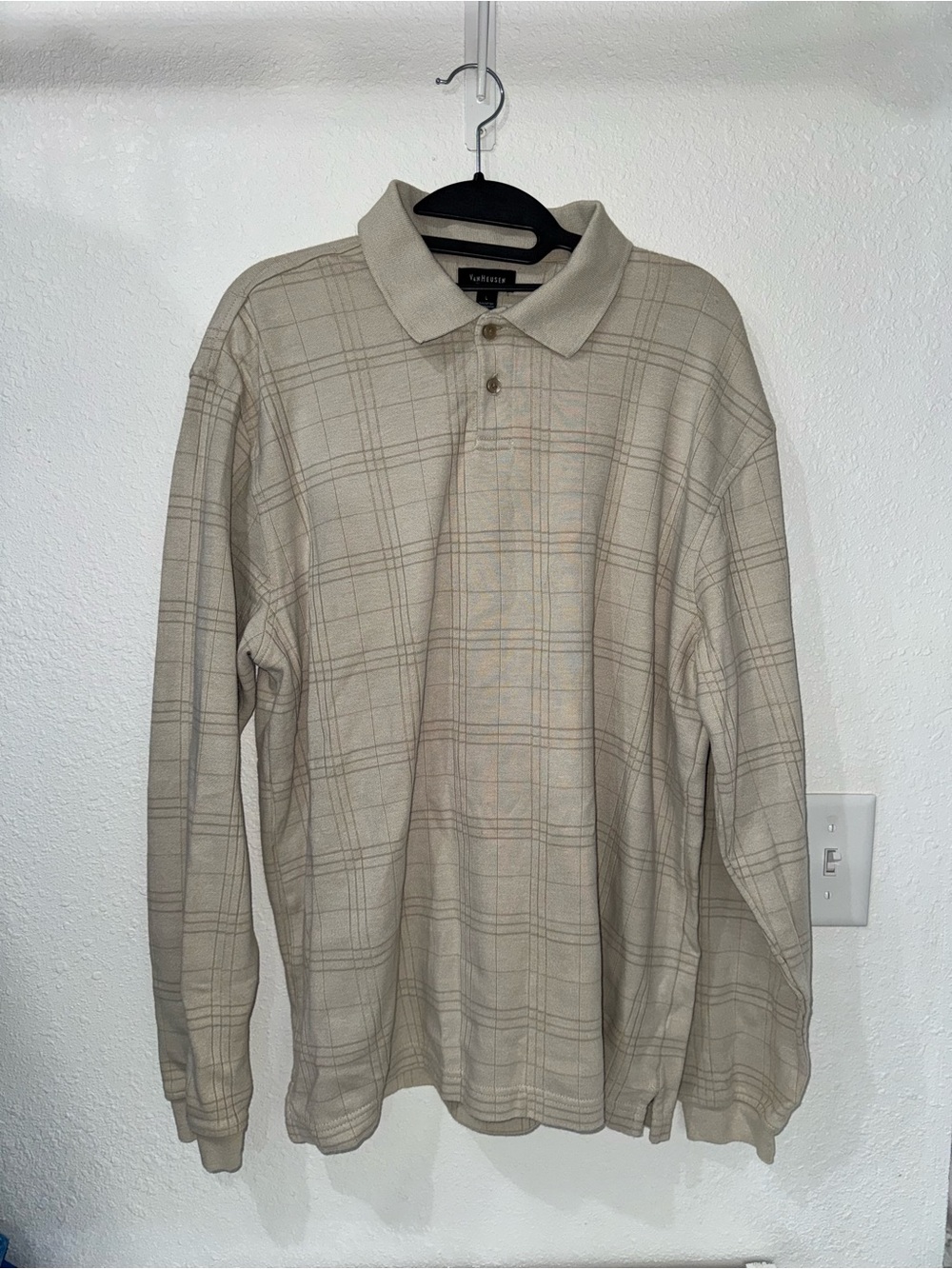 Van Heusen Beige Plaid Long-Sleeve Polo